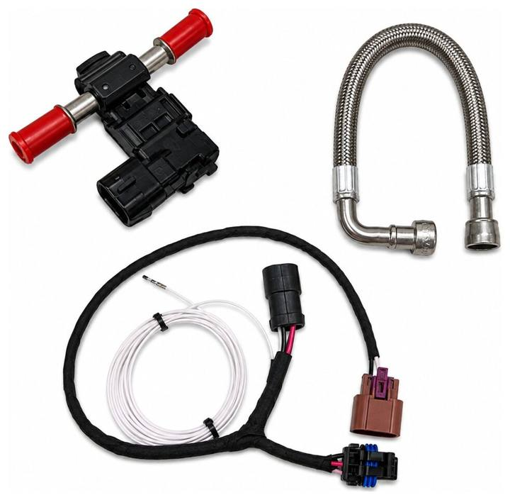 Hi-Rev flex fuel kit: OEM GM ethanol content sensor, braided stainless fuel line and install harness